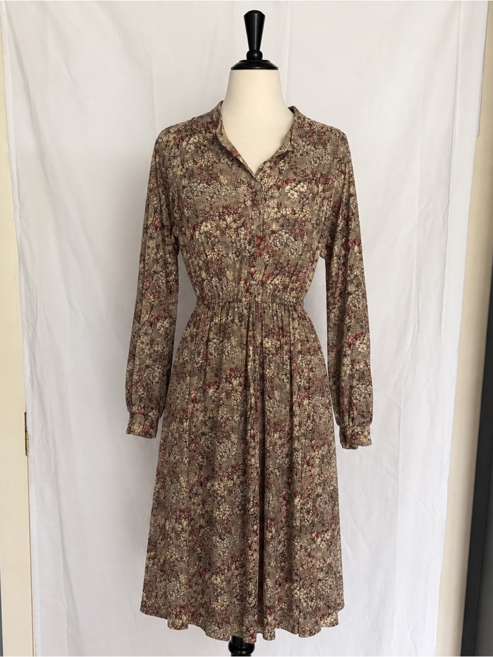 Vtg 70s 80s Brown Floral Midi Dress Smocked High Waist Boho ILGWU 13